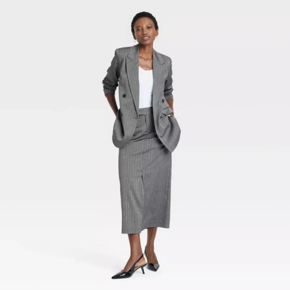 Women's Double Breasted Blazer - A New Day™ Gray Pinstripe L - Picture 3 of 4